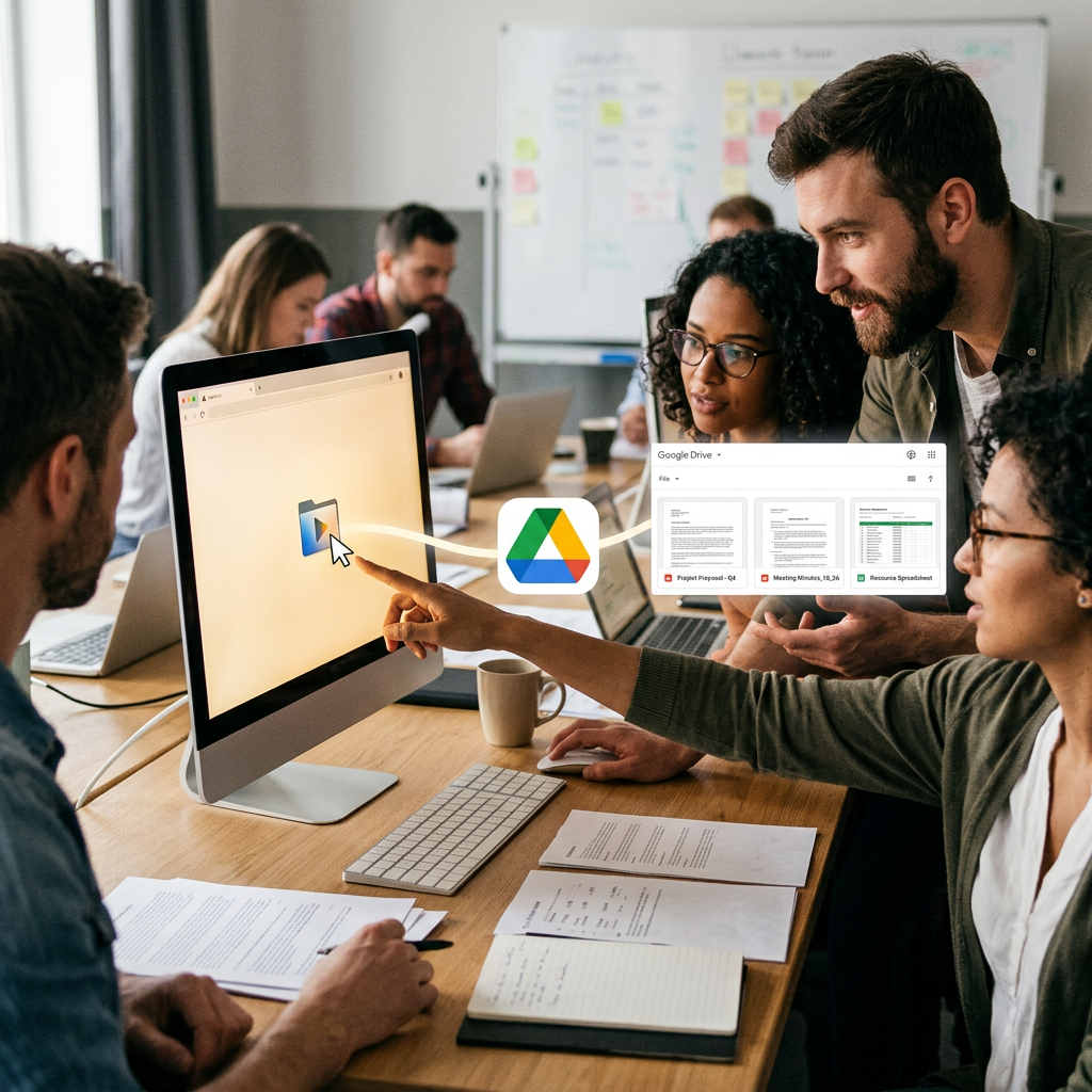 Group of people working together around a computer sharing files via Google Drive